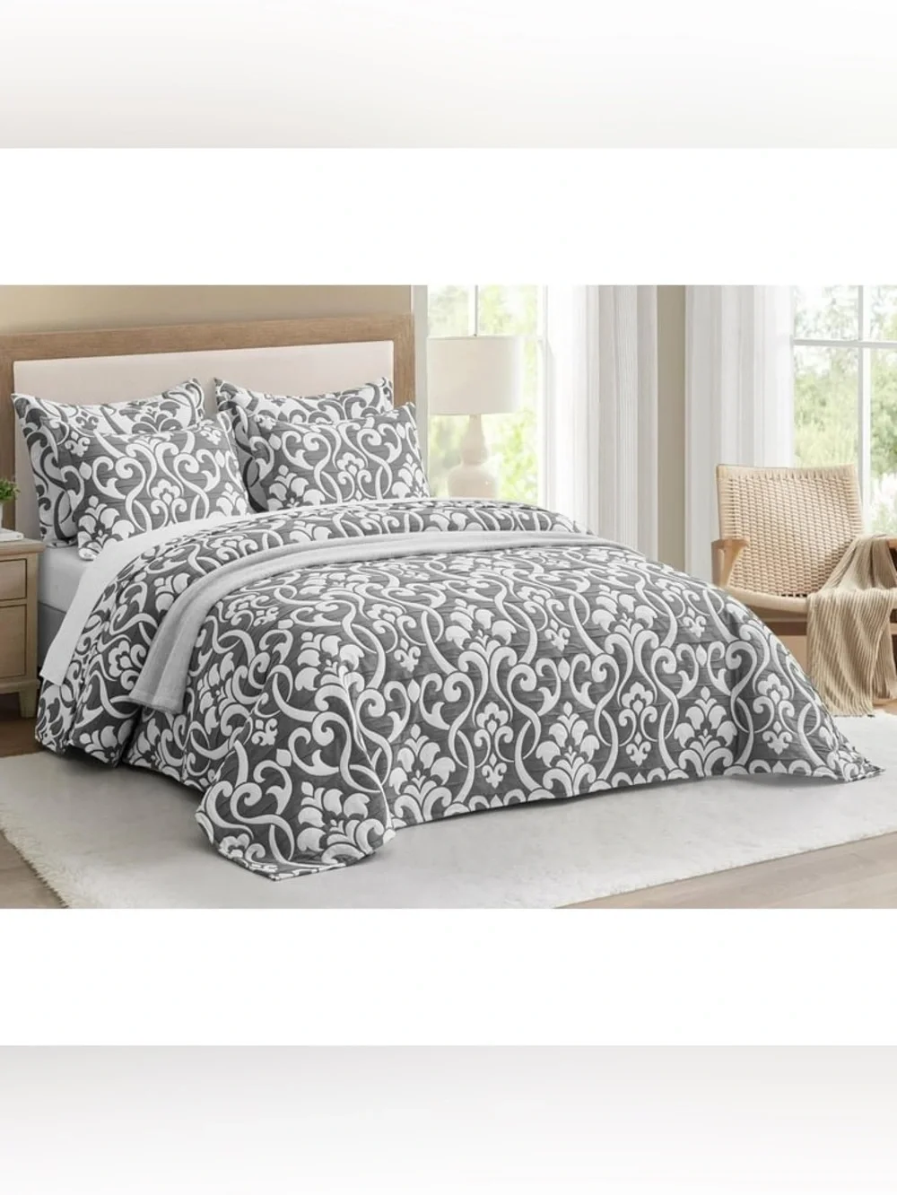 Gray and White Damask oversized king 5 piece quilt Set